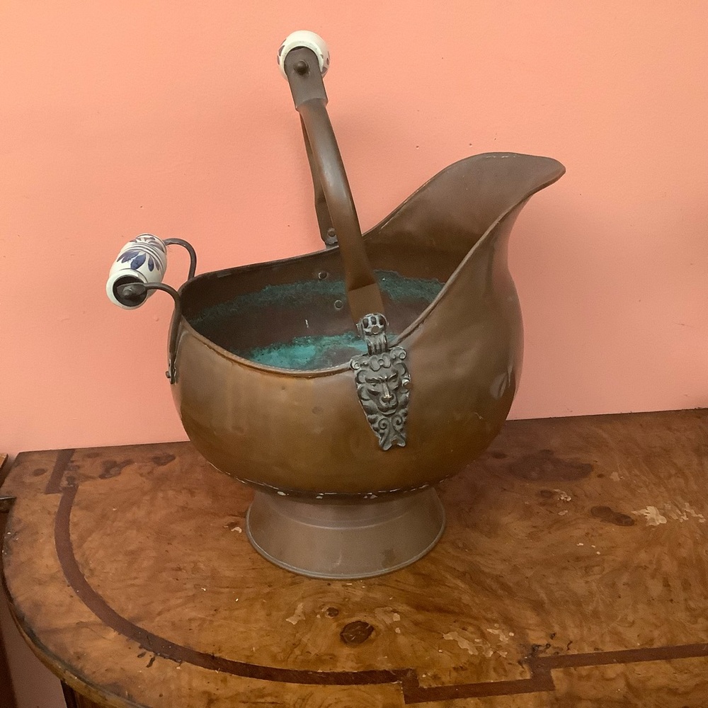 Antique Copper Coal Scuttle Bucket w/Delft Porcelain Handles, Lion's Head Handle